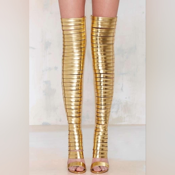 Jeffrey Campbell Shoes - Jeffrey Campbell Gold Knee-High Gladiator Heels - Women's Metallic Strappy Boots